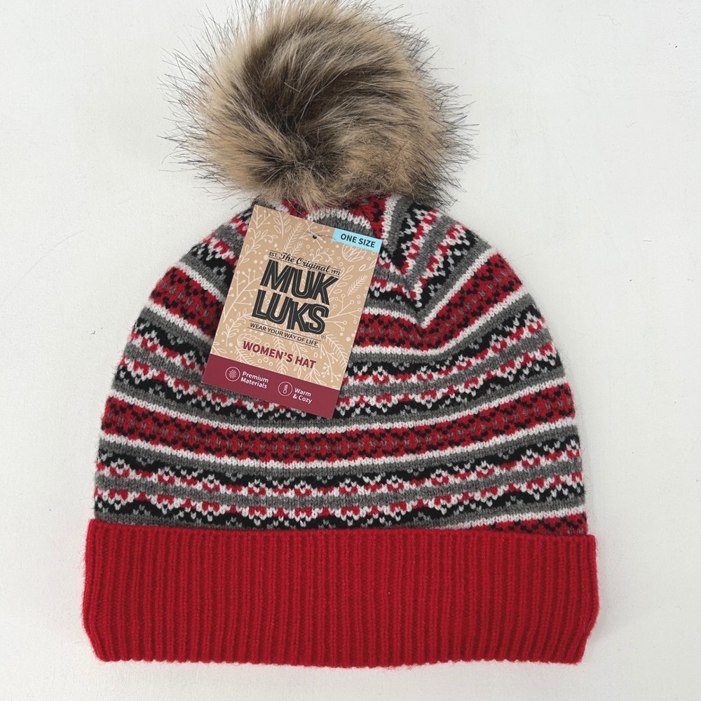 Muk Luks Womens Fair Isle Fleece Lined Beanie Red Black White Faux Fur Pom Hat